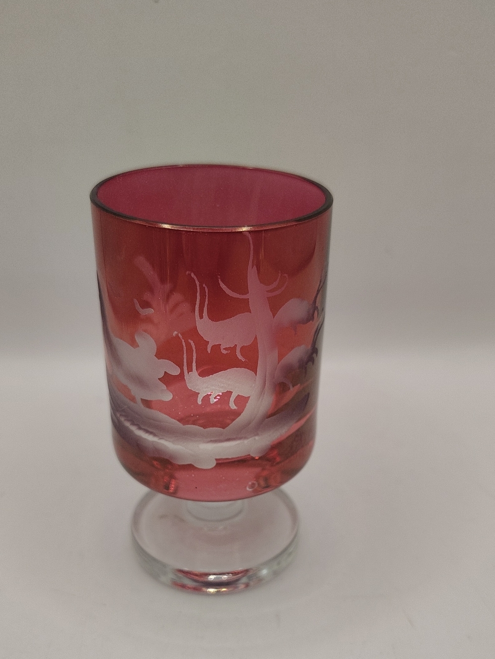 Vintage Bohemian Cranberry Small Glass with An Etched Scene 3.5" Tall
